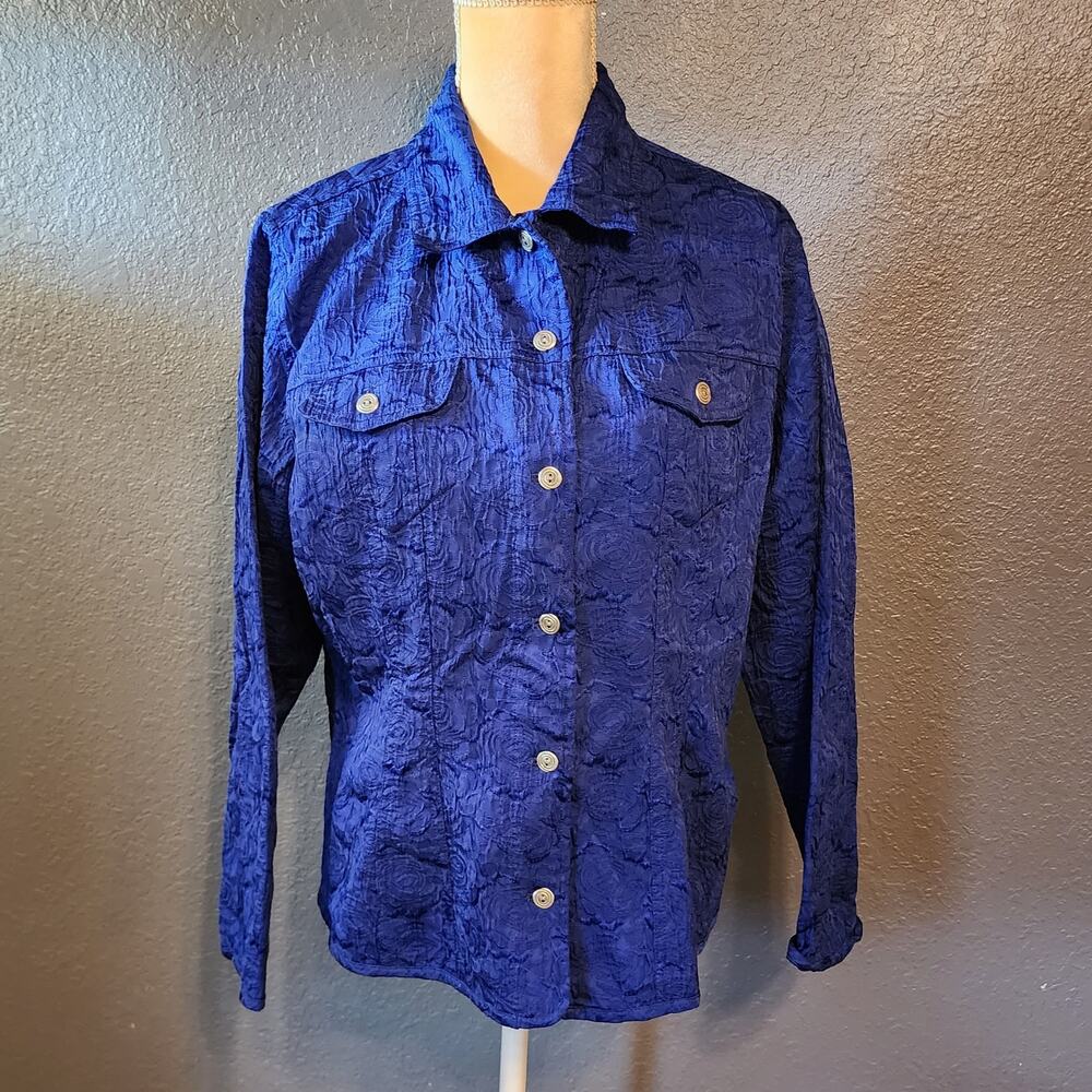Chico's Blue Button Down Rose Textured Career Shacket Size 2